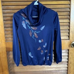 VTG Shirt Long Sleeve Blue Leaf Print Top Blouse Polyester Grannycore 70s